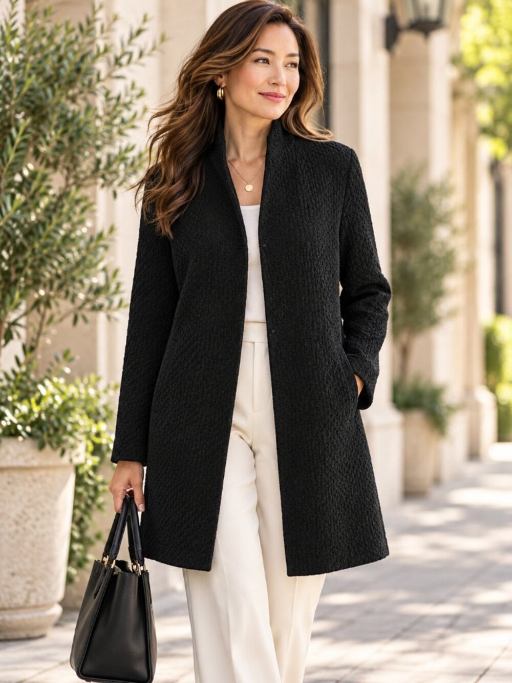 Eileen Fisher Honeycomb Tencel Organic Cotton Long Jacket Black Small